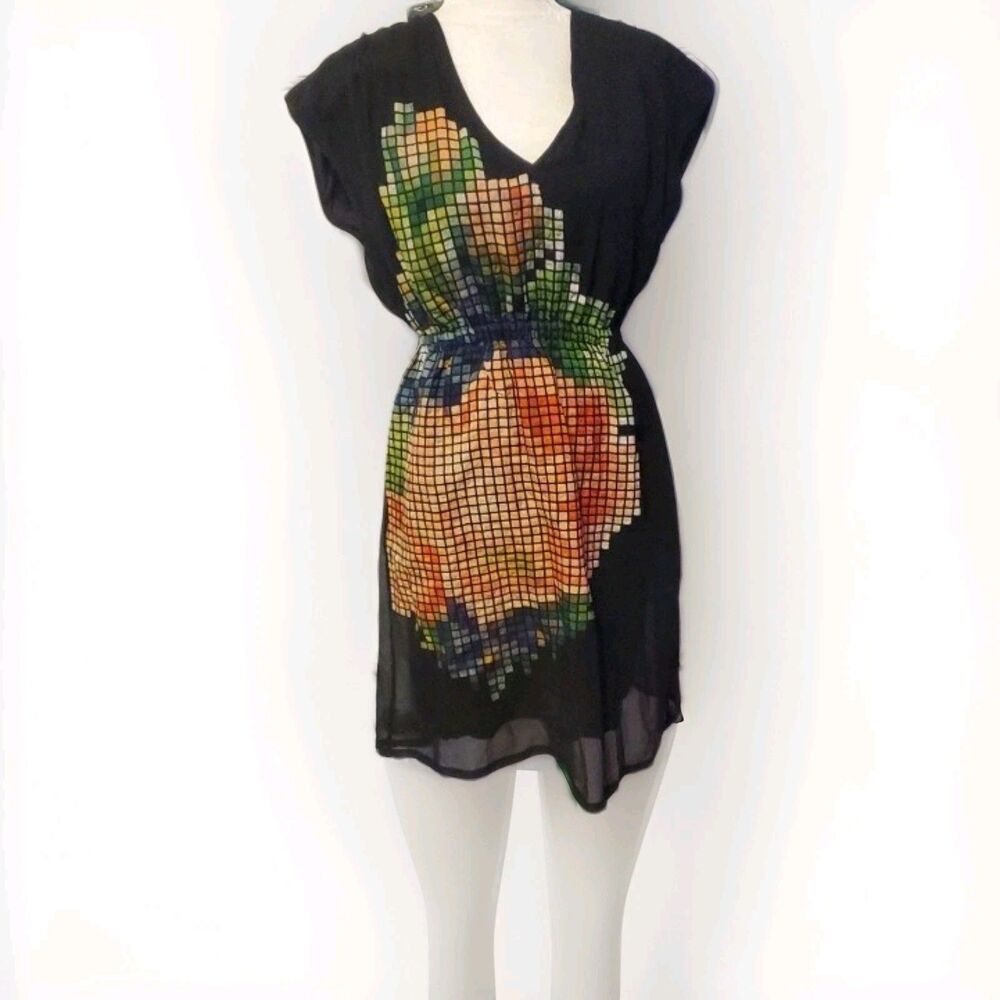 Anthropologie Pankaj & Nidhi Pixelated Fleur Dress Silk Black Embroidered Small